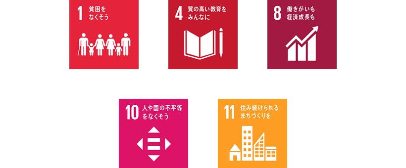 1.貧困をなくそう 4.質の高い教育をみんなに 8.働きがいも経済成長も 10.人や国の不平等をなくそう 11.住み続けられるまちづくりを