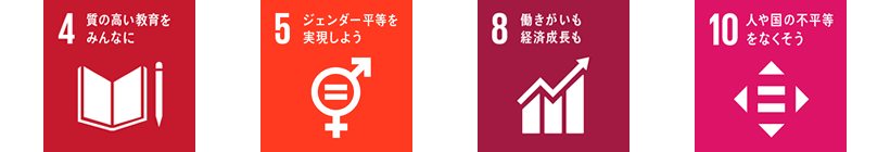 4.質の高い教育をみんなに 5.ジェンダー平等を実現しよう 8.働きがいも経済成長も 10.人や国の不平等をなくそう